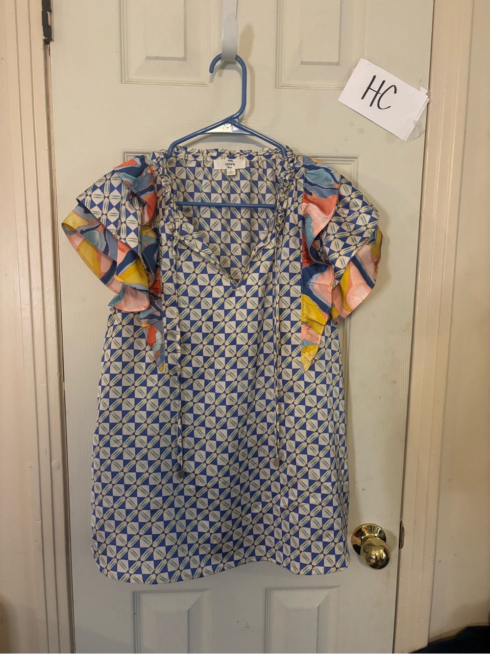 entro Blue Geometric Print top with Multicolor Ruffle Sleeves